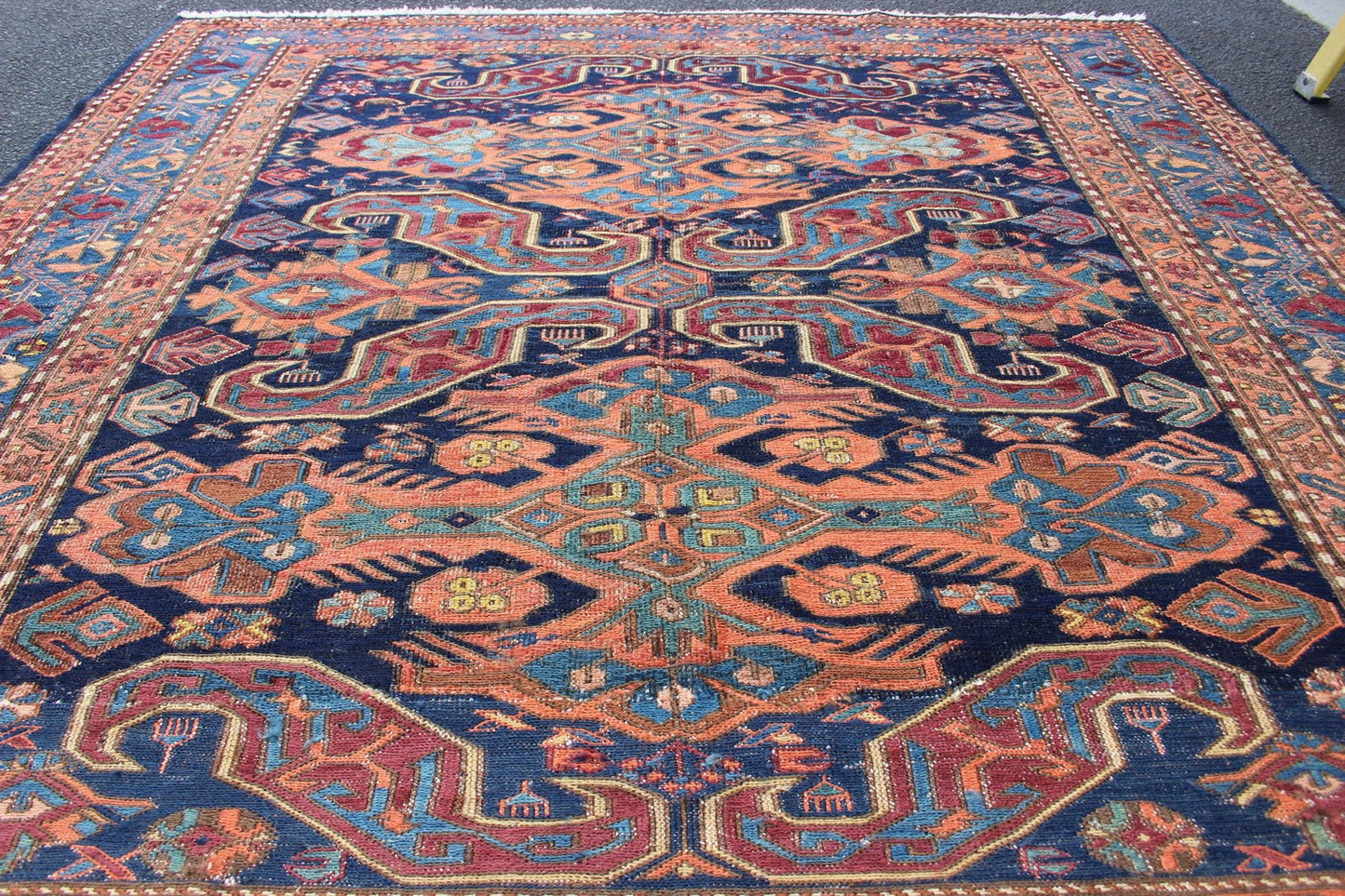 Antique Caucasian 19th Century Sumac Rug in Varying Colors of Orange and Blue. Keivan Woven Arts / rug 1912 - 23, country of origin / type: Caucus / Caucasian, circa 1900. Measures: 5'3 x 5'5. This magnificent antique Caucasian Sumac rug from the e... - Keivan Woven Arts1912 - 23 - 12237Rug
