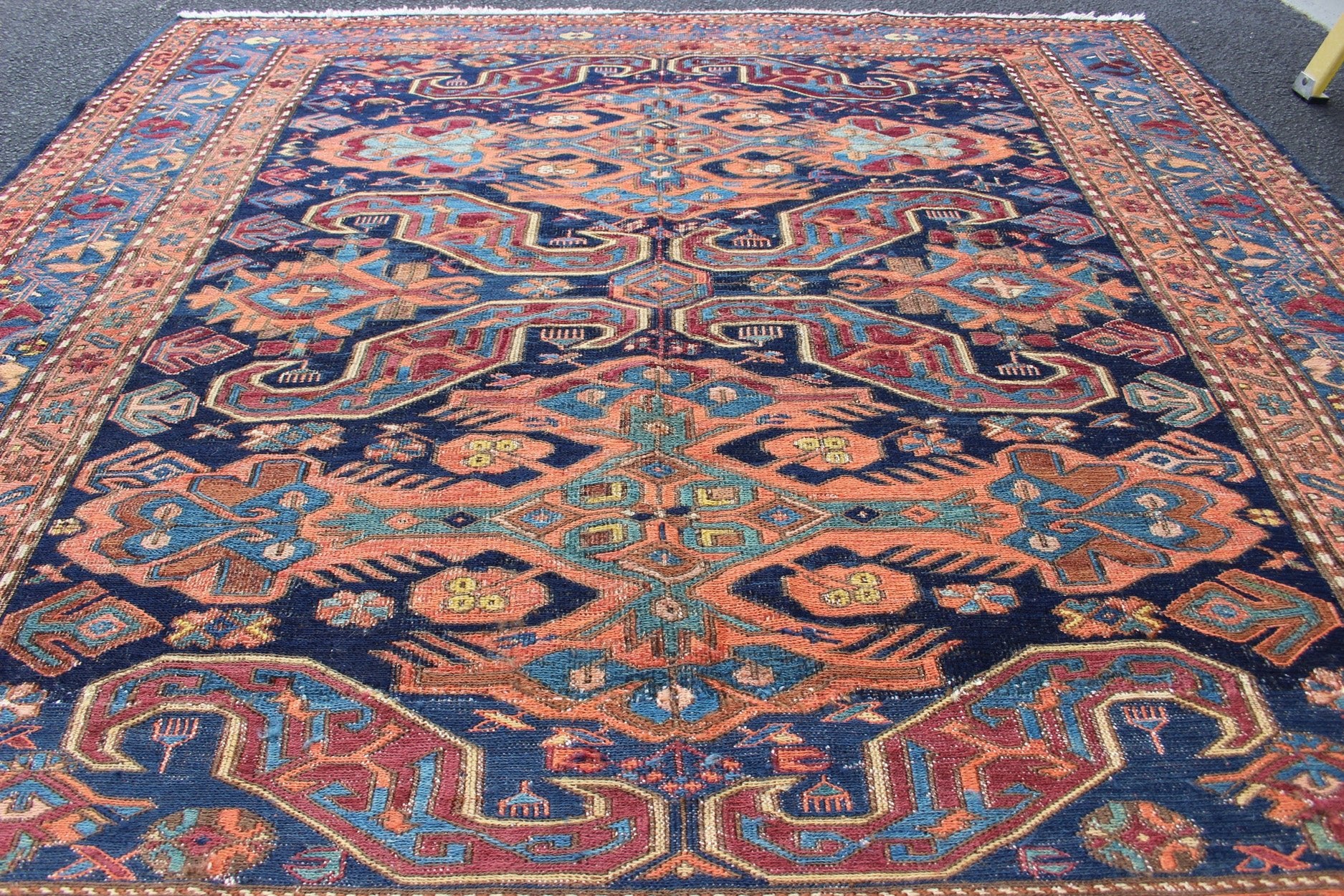 Antique Caucasian 19th Century Sumac Rug in Varying Colors of Orange and Blue. Keivan Woven Arts / rug 1912 - 23, country of origin / type: Caucus / Caucasian, circa 1900. Measures: 5'3 x 5'5. This magnificent antique Caucasian Sumac rug from the e... - Keivan Woven Arts1912 - 23 - 12237Rug