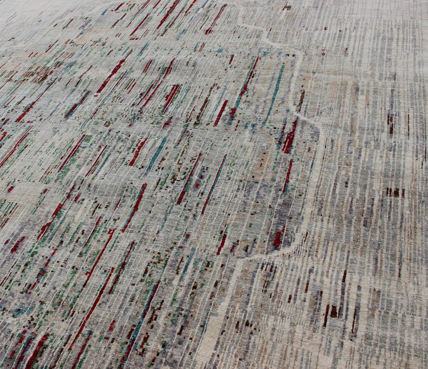 Modern Afghan Rug with Abstract Pattern. Measures: 8'3 x 11'. This modern pattern Afghan rug with a all - over design rendered in an abstract pattern, features a cream background and shades of red, gray, and green. This piece would be well - suited i... - Keivan Woven Arts1912 - 254 - 12313Rug