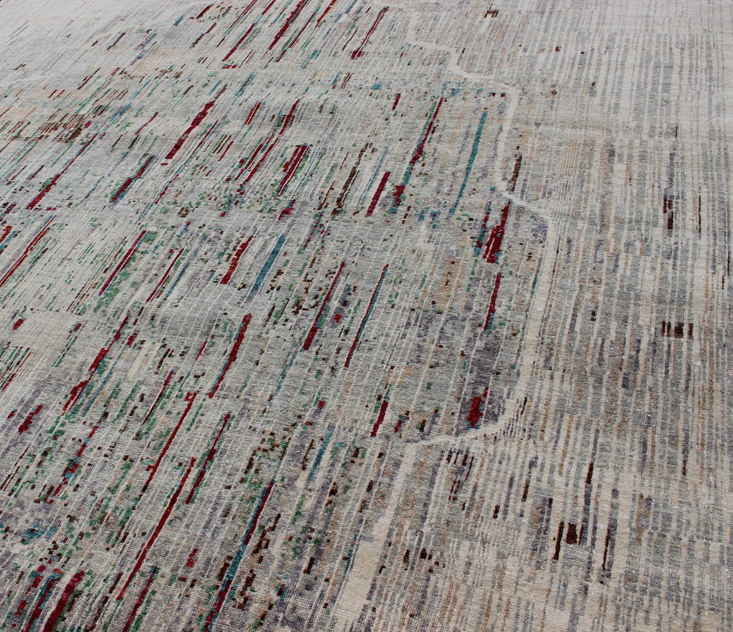 Modern Afghan Rug with Abstract Pattern. Measures: 8'3 x 11'. This modern pattern Afghan rug with a all - over design rendered in an abstract pattern, features a cream background and shades of red, gray, and green. This piece would be well - suited i... - Keivan Woven Arts1912 - 254 - 12313Rug