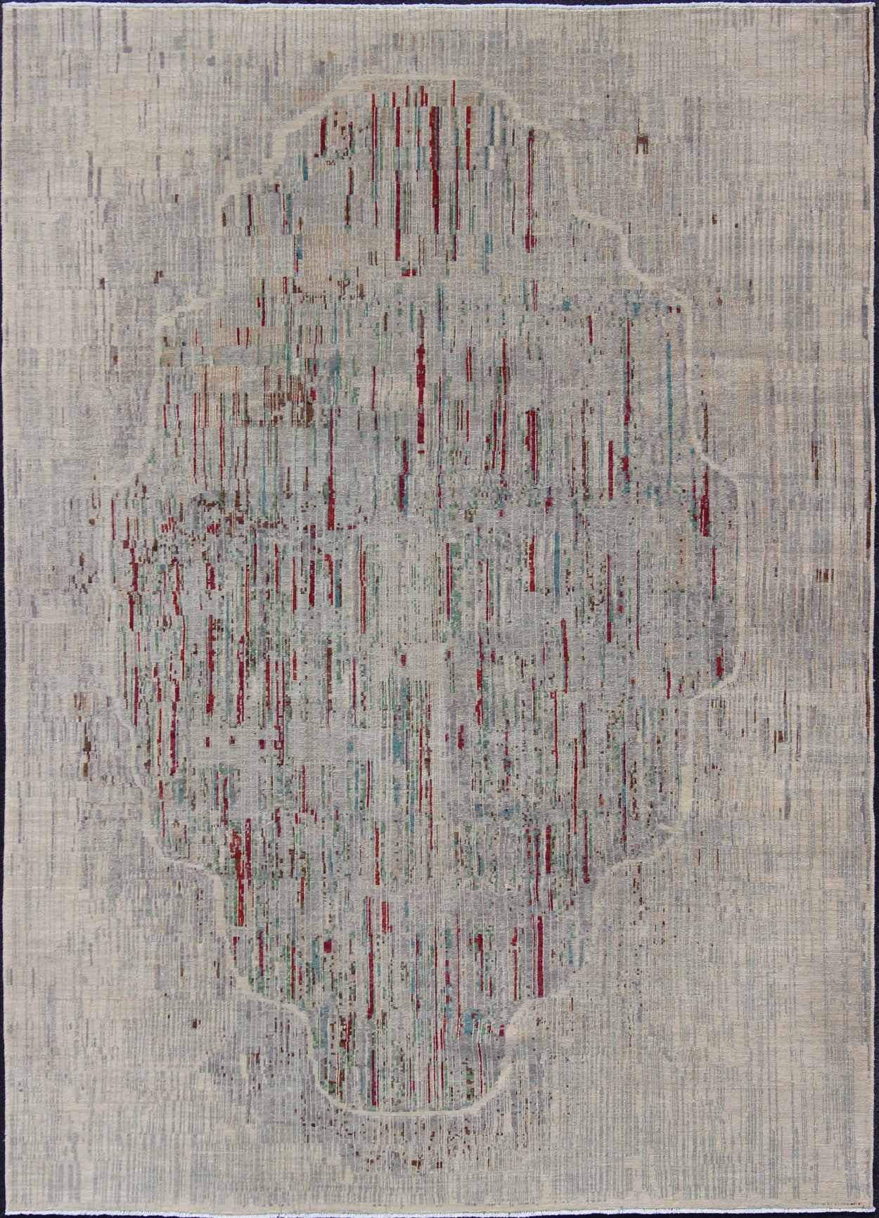 Modern Afghan Rug with Abstract Pattern. Measures: 8'3 x 11'. This modern pattern Afghan rug with a all - over design rendered in an abstract pattern, features a cream background and shades of red, gray, and green. This piece would be well - suited i... - Keivan Woven Arts1912 - 254 - 12313Rug