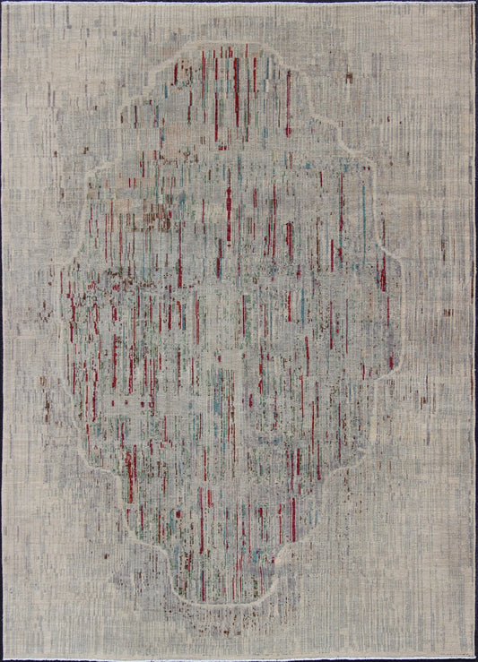 Modern Afghan Rug with Abstract Pattern. Measures: 8'3 x 11'. This modern pattern Afghan rug with a all - over design rendered in an abstract pattern, features a cream background and shades of red, gray, and green. This piece would be well - suited i... - Keivan Woven Arts1912 - 254 - 12313Rug