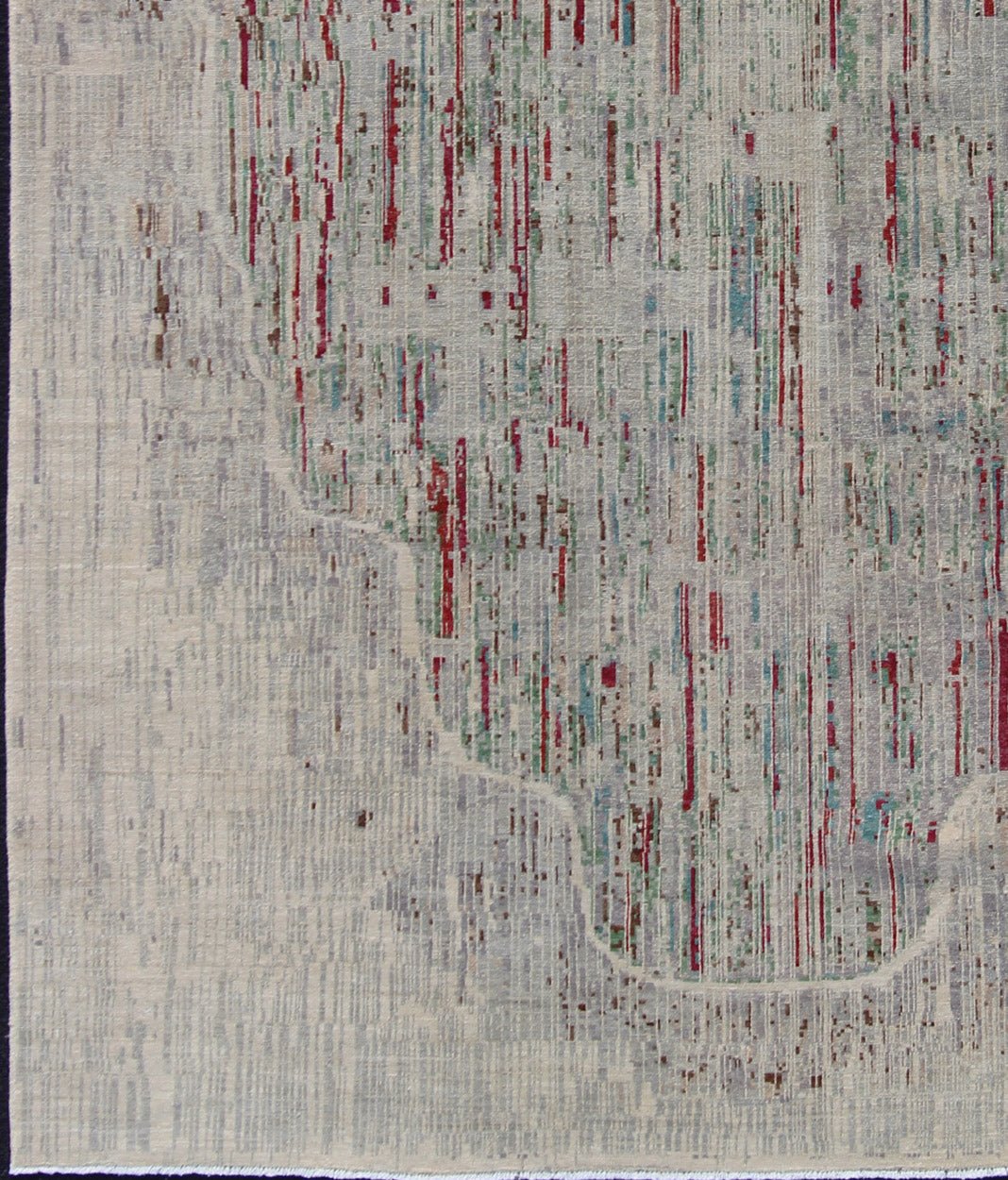 Modern Afghan Rug with Abstract Pattern. Measures: 8'3 x 11'. This modern pattern Afghan rug with a all - over design rendered in an abstract pattern, features a cream background and shades of red, gray, and green. This piece would be well - suited i... - Keivan Woven Arts1912 - 254 - 12313Rug