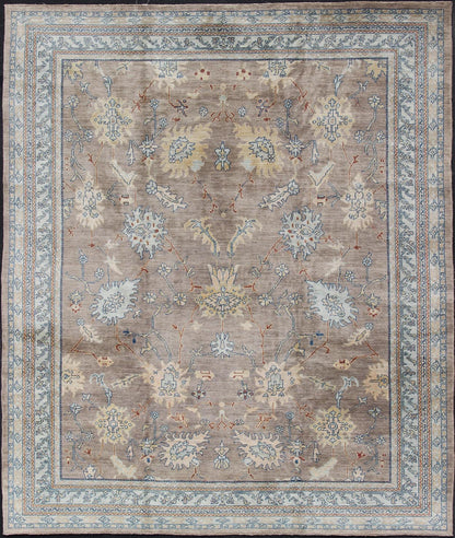 Modern Square Oushak Rug in Mushroom, Blue, Neutrals and All - Over Design Oushak rug with gray, blue, neutral color palette and all - over flower design, rug 1912 - 259, country of origin / type: Afghan / Oushak This traditional Oushak rug fro... - Keivan Woven Arts1912 - 259 - 12317Rug