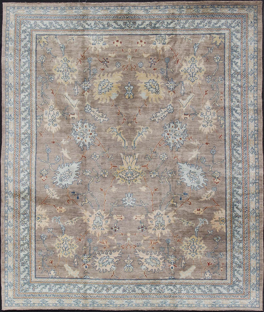 Modern Square Oushak Rug in Mushroom, Blue, Neutrals and All - Over Design Oushak rug with gray, blue, neutral color palette and all - over flower design, rug 1912 - 259, country of origin / type: Afghan / Oushak This traditional Oushak rug fro... - Keivan Woven Arts1912 - 259 - 12317Rug