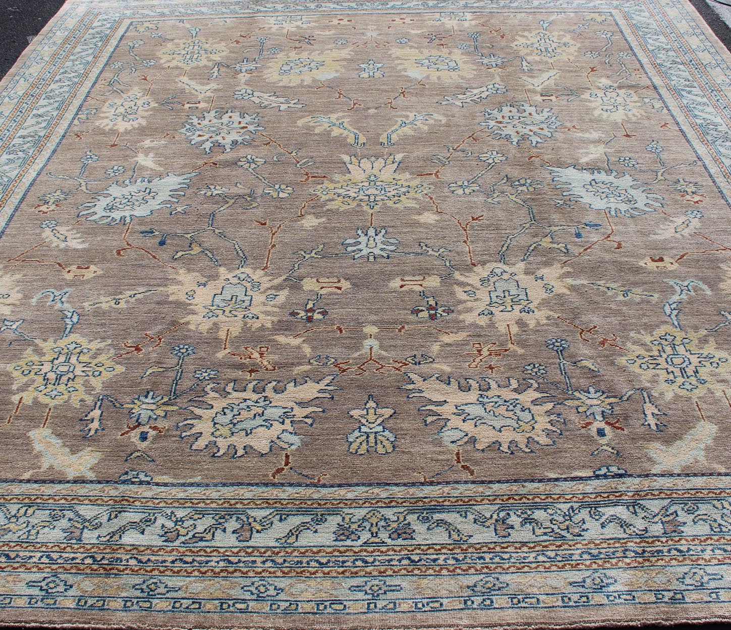 Modern Square Oushak Rug in Mushroom, Blue, Neutrals and All - Over Design Oushak rug with gray, blue, neutral color palette and all - over flower design, rug 1912 - 259, country of origin / type: Afghan / Oushak This traditional Oushak rug fro... - Keivan Woven Arts1912 - 259 - 12317Rug