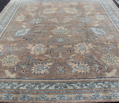 Modern Square Oushak Rug in Mushroom, Blue, Neutrals and All - Over Design Oushak rug with gray, blue, neutral color palette and all - over flower design, rug 1912 - 259, country of origin / type: Afghan / Oushak This traditional Oushak rug fro... - Keivan Woven Arts1912 - 259 - 12317Rug