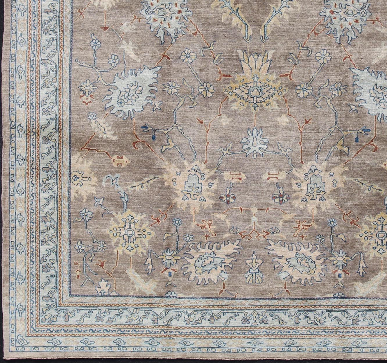 Modern Square Oushak Rug in Mushroom, Blue, Neutrals and All - Over Design Oushak rug with gray, blue, neutral color palette and all - over flower design, rug 1912 - 259, country of origin / type: Afghan / Oushak This traditional Oushak rug fro... - Keivan Woven Arts1912 - 259 - 12317Rug