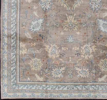 Modern Square Oushak Rug in Mushroom, Blue, Neutrals and All - Over Design Oushak rug with gray, blue, neutral color palette and all - over flower design, rug 1912 - 259, country of origin / type: Afghan / Oushak This traditional Oushak rug fro... - Keivan Woven Arts1912 - 259 - 12317Rug