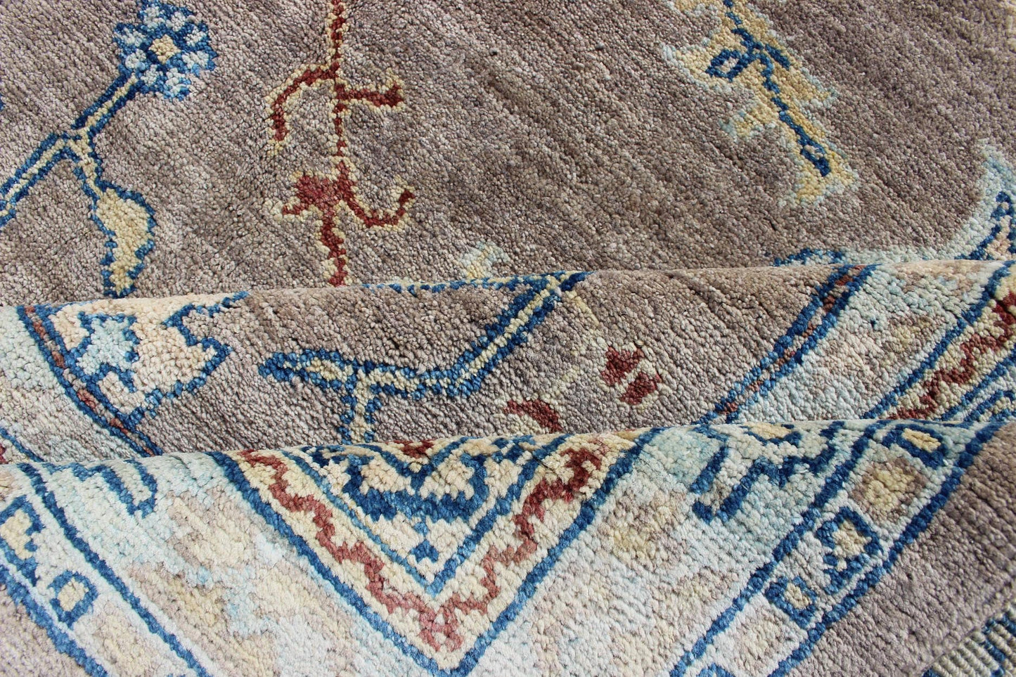 Modern Square Oushak Rug in Mushroom, Blue, Neutrals and All - Over Design Oushak rug with gray, blue, neutral color palette and all - over flower design, rug 1912 - 259, country of origin / type: Afghan / Oushak This traditional Oushak rug fro... - Keivan Woven Arts1912 - 259 - 12317Rug