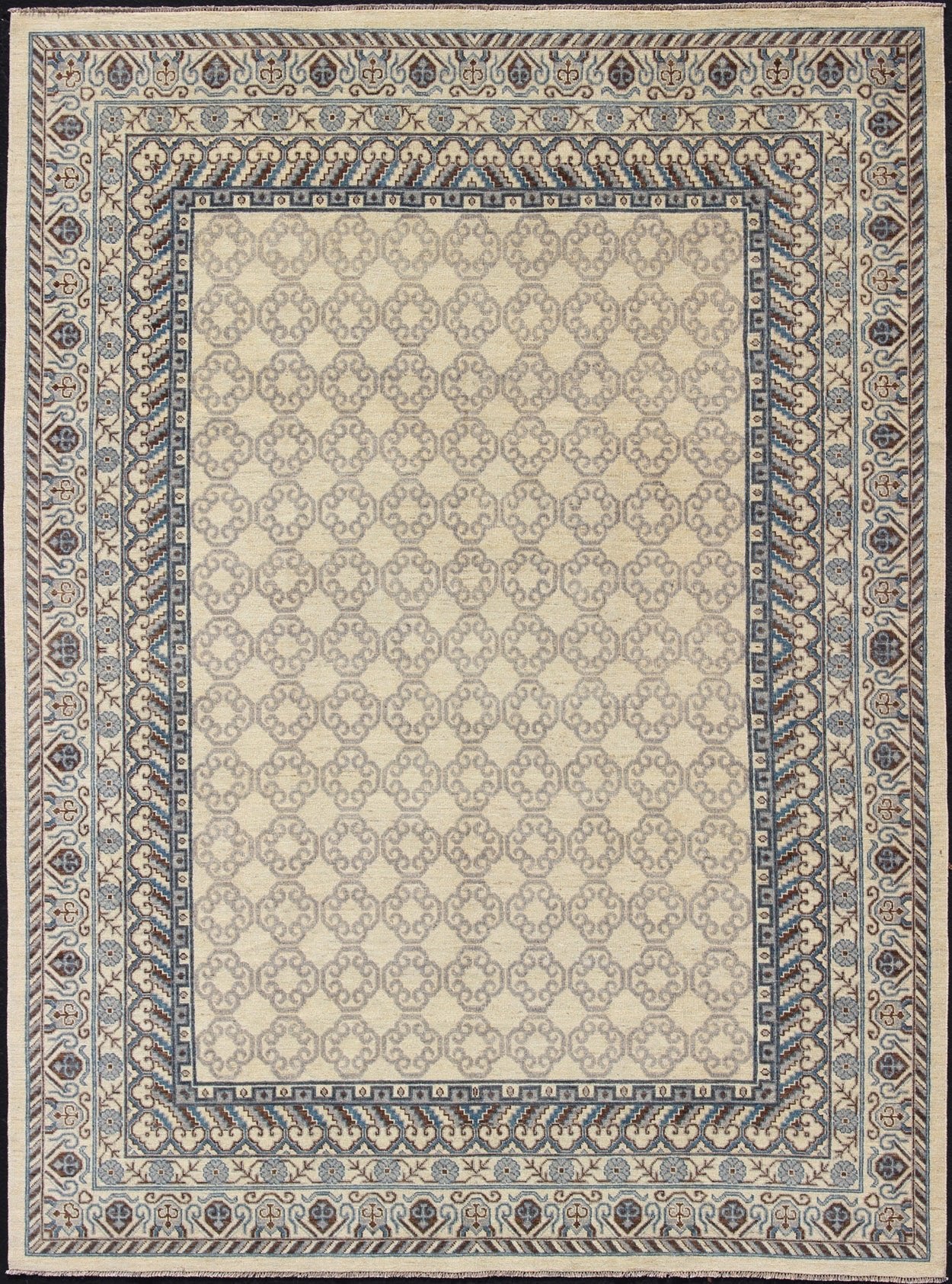 Contemporary Khotan with Geometric Design in Blue, Brown & Cream Colors. Made in Afghanistan, this rug is made with finest wool and all over tribal Khotan design in the border and the background. Rug 1912 - 262, country of origin / type: Afghanis... - Keivan Woven Arts1912 - 262 - 12273Rug
