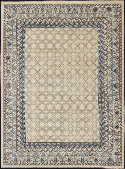 Contemporary Khotan with Geometric Design in Blue, Brown & Cream Colors. Made in Afghanistan, this rug is made with finest wool and all over tribal Khotan design in the border and the background. Rug 1912 - 262, country of origin / type: Afghanis... - Keivan Woven Arts1912 - 262 - 12273Rug