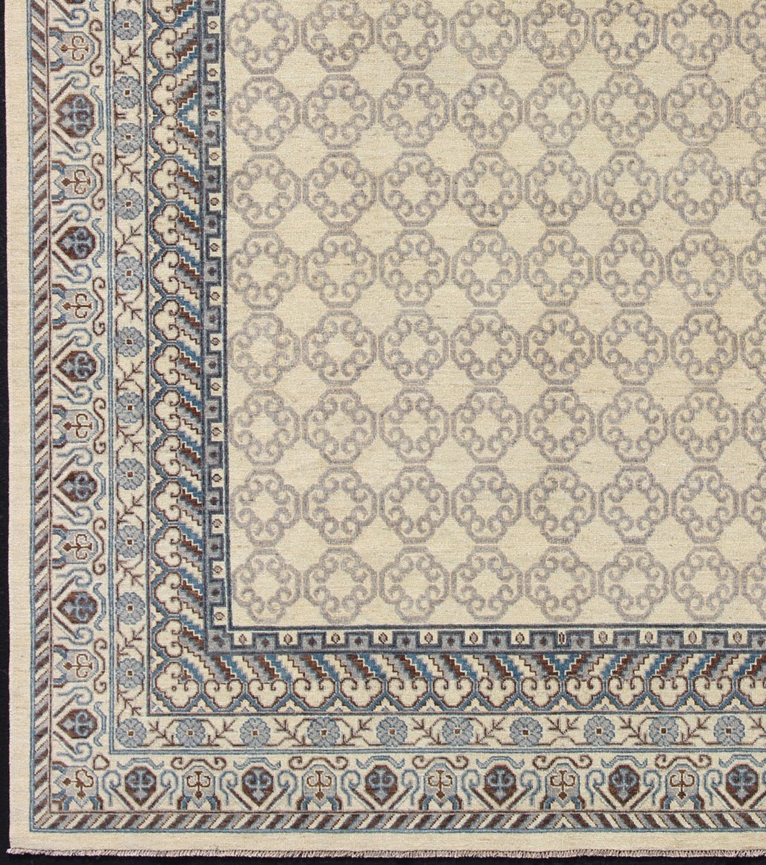 Contemporary Khotan with Geometric Design in Blue, Brown & Cream Colors. Made in Afghanistan, this rug is made with finest wool and all over tribal Khotan design in the border and the background. Rug 1912 - 262, country of origin / type: Afghanis... - Keivan Woven Arts1912 - 262 - 12273Rug
