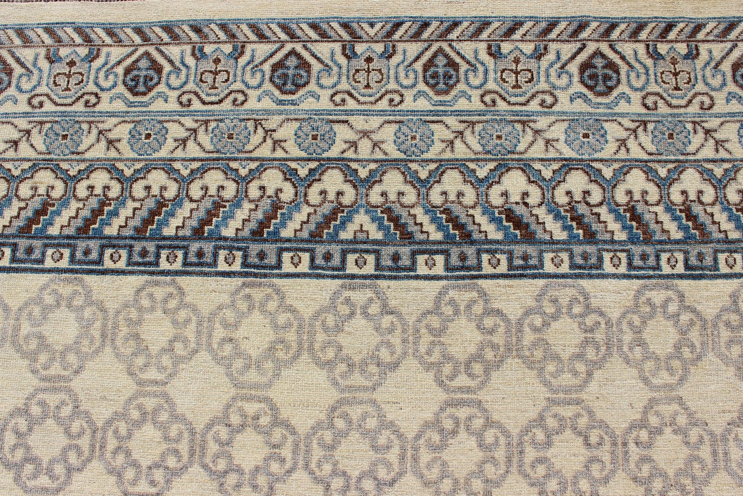 Contemporary Khotan with Geometric Design in Blue, Brown & Cream Colors. Made in Afghanistan, this rug is made with finest wool and all over tribal Khotan design in the border and the background. Rug 1912 - 262, country of origin / type: Afghanis... - Keivan Woven Arts1912 - 262 - 12273Rug