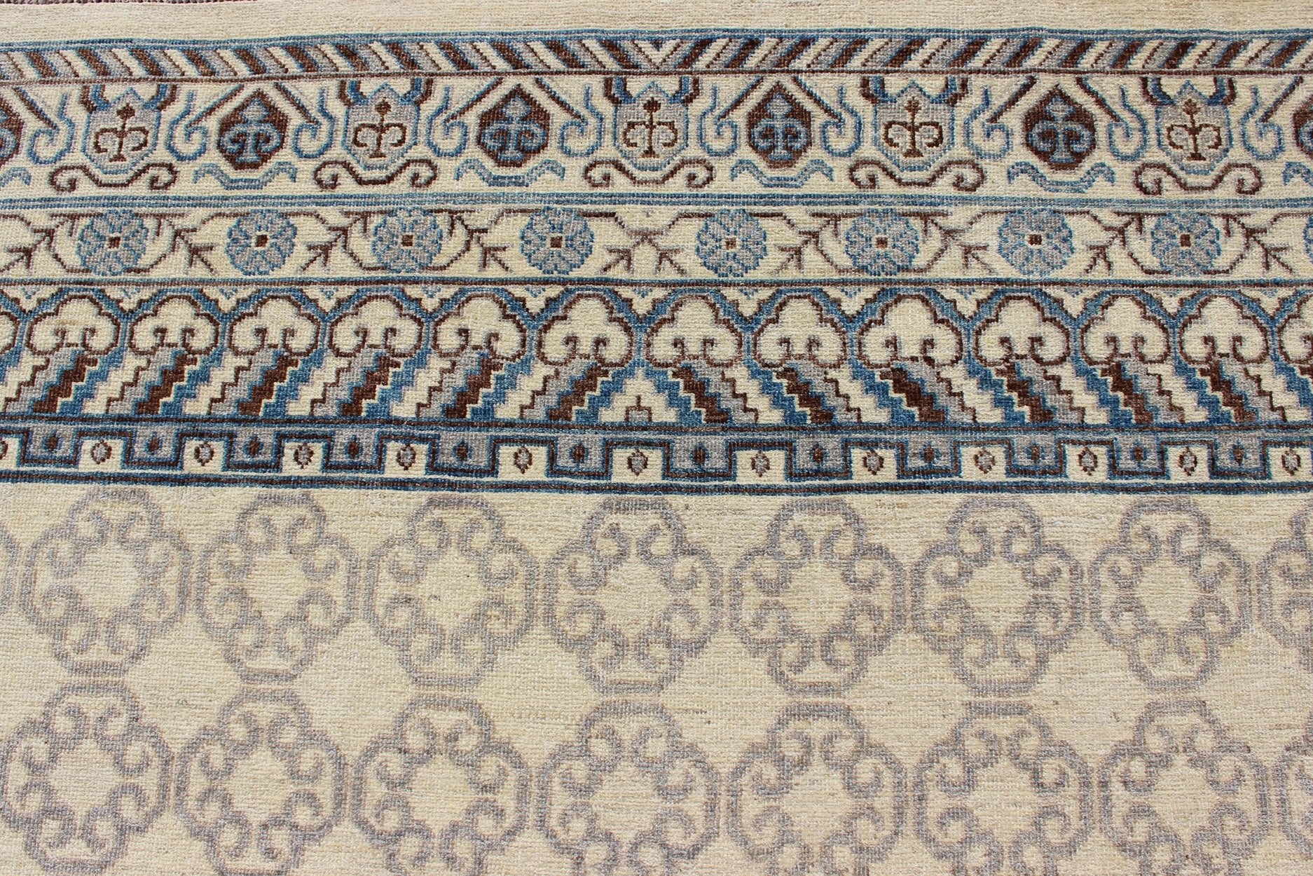 Contemporary Khotan with Geometric Design in Blue, Brown & Cream Colors. Made in Afghanistan, this rug is made with finest wool and all over tribal Khotan design in the border and the background. Rug 1912 - 262, country of origin / type: Afghanis... - Keivan Woven Arts1912 - 262 - 12273Rug
