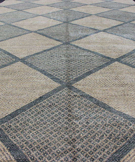 Large Gallery Rug in Modern Diamond Design in Blue - Green and Cream Keivan Woven Arts - Large Tribal Gallery rug with all - over Diamond design in cream and blue, gray Green, Keivan Woven Arts . rug 1912 - 284, country of origin / type: Afghan / Triba... - Keivan Woven Arts1912 - 284 - 12333Rug