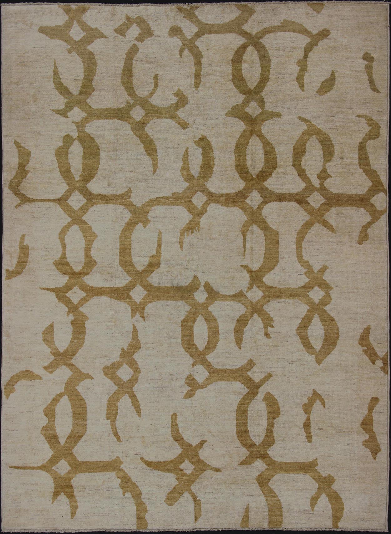 Modern Afghan Rug with Abstract Pattern. Fine modern rug rug with abstract design. Measures: 10' x 13'. This tribal Afghan rug with a modern design rendered in a abstract pattern, features a cream background and marigold color in the pattern. Th... - Keivan Woven Arts1912 - 286 - 12339Rug