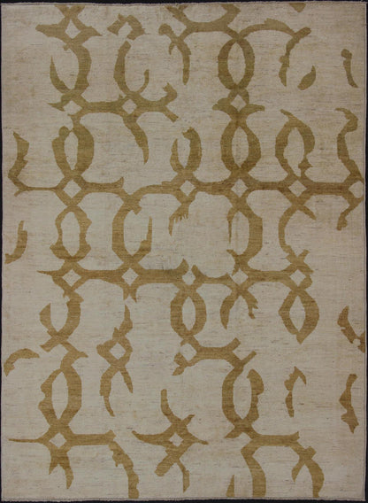 Modern Afghan Rug with Abstract Pattern. Fine modern rug rug with abstract design. Measures: 10' x 13'. This tribal Afghan rug with a modern design rendered in a abstract pattern, features a cream background and marigold color in the pattern. Th... - Keivan Woven Arts1912 - 286 - 12339Rug
