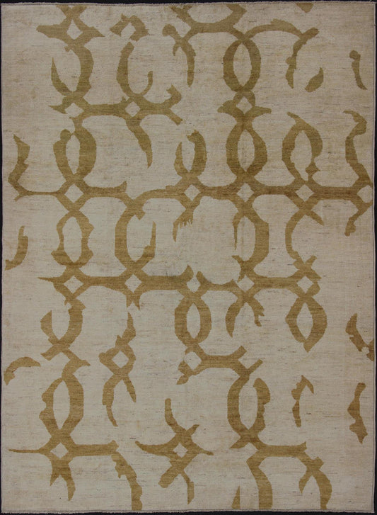 Modern Afghan Rug with Abstract Pattern. Fine modern rug rug with abstract design. Measures: 10' x 13'. This tribal Afghan rug with a modern design rendered in a abstract pattern, features a cream background and marigold color in the pattern. Th... - Keivan Woven Arts1912 - 286 - 12339Rug