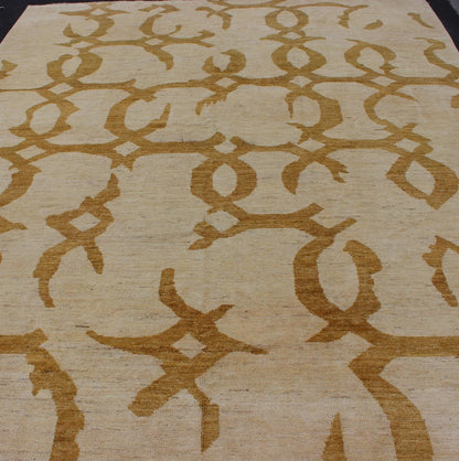 Modern Afghan Rug with Abstract Pattern. Fine modern rug rug with abstract design. Measures: 10' x 13'. This tribal Afghan rug with a modern design rendered in a abstract pattern, features a cream background and marigold color in the pattern. Th... - Keivan Woven Arts1912 - 286 - 12339Rug