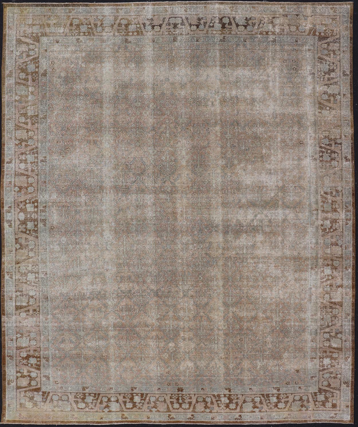 Antique Indian Agra Rug with All - Over Floral Design in Light Green and Brown. Keivan Woven Arts, rug 1912 - 337, country of origin / type: India / Agra, circa 1900 Measures: 10'7 x 13'9 This large antique Indian Agra fine rug from the early 20th c... - Keivan Woven Arts1912 - 337 - 12287Rug