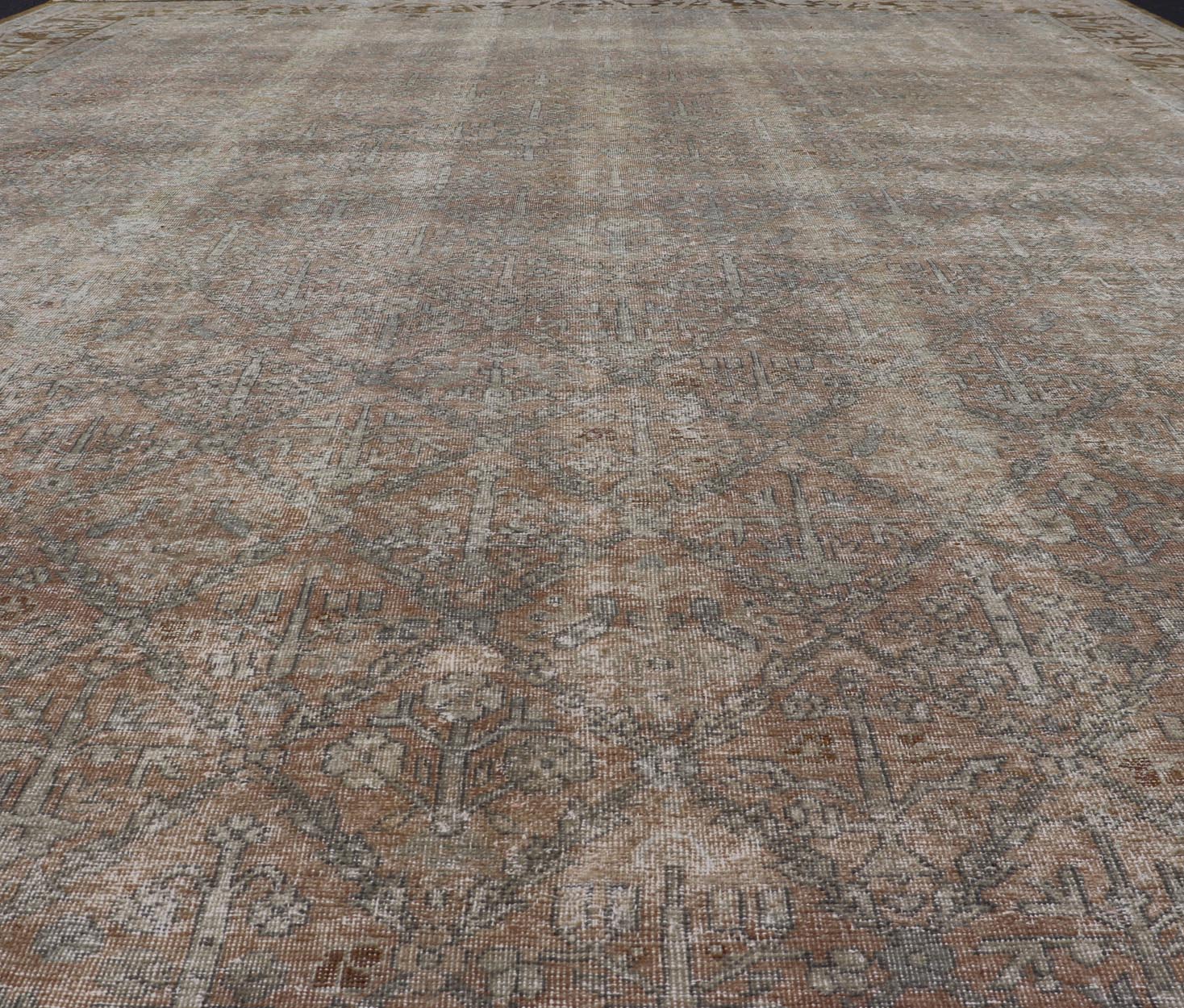 Antique Indian Agra Rug with All - Over Floral Design in Light Green and Brown. Keivan Woven Arts, rug 1912 - 337, country of origin / type: India / Agra, circa 1900 Measures: 10'7 x 13'9 This large antique Indian Agra fine rug from the early 20th c... - Keivan Woven Arts1912 - 337 - 12287Rug