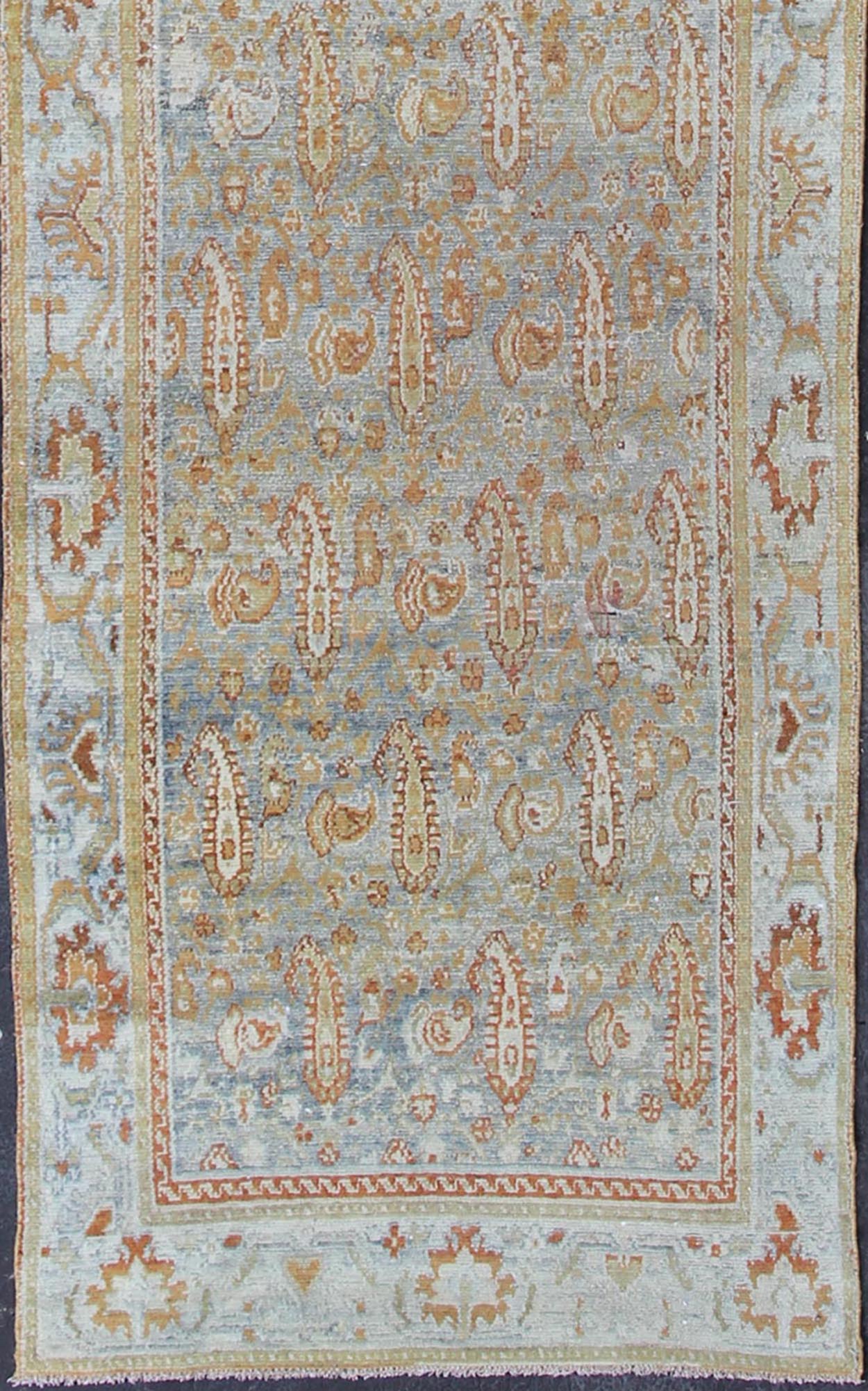 Long kurdish runner with small pattern in all - over design. Fine kurdish runner in soft tones of blue, salmon, pink, peach and orange and earthy tones. Antique kurdish rug with sub geometric and sub floral motifs. Keivan Woven Arts / rug 1912 - 37, Keivan... - Keivan Woven Arts1912 - 37 - 12251Rug