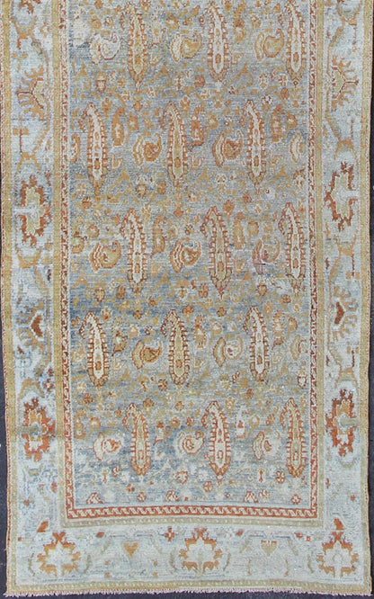 Long kurdish runner with small pattern in all - over design. Fine kurdish runner in soft tones of blue, salmon, pink, peach and orange and earthy tones. Antique kurdish rug with sub geometric and sub floral motifs. Keivan Woven Arts / rug 1912 - 37, Keivan... - Keivan Woven Arts1912 - 37 - 12251Rug