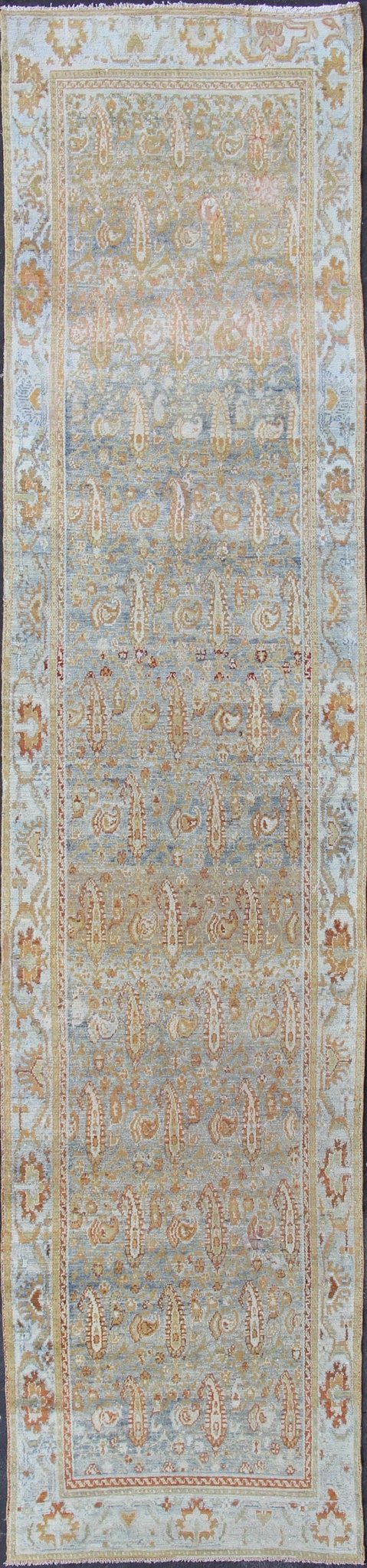 Long kurdish runner with small pattern in all - over design. Fine kurdish runner in soft tones of blue, salmon, pink, peach and orange and earthy tones. Antique kurdish rug with sub geometric and sub floral motifs. Keivan Woven Arts / rug 1912 - 37, Keivan... - Keivan Woven Arts1912 - 37 - 12251Rug
