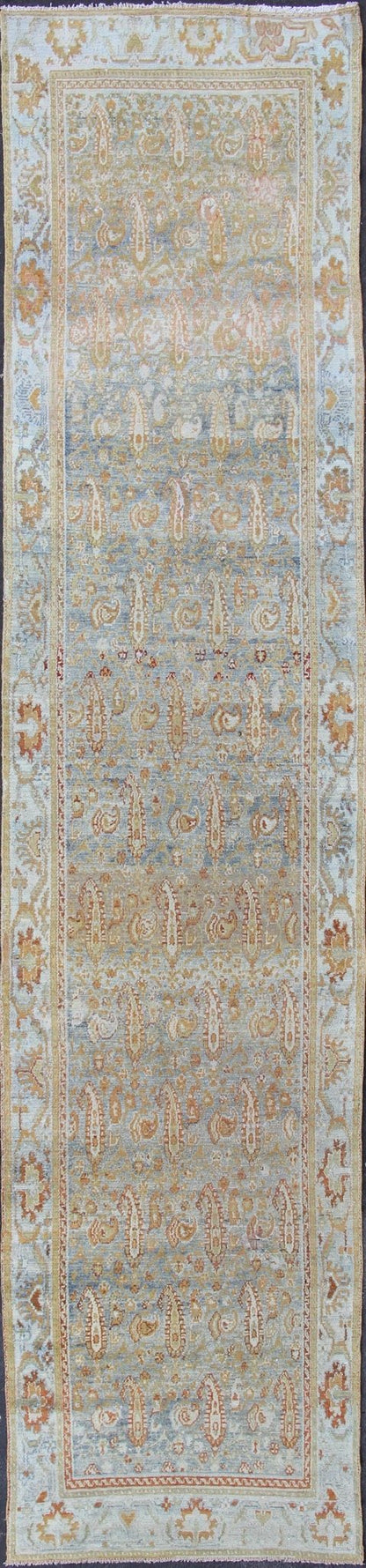 Long kurdish runner with small pattern in all - over design. Fine kurdish runner in soft tones of blue, salmon, pink, peach and orange and earthy tones. Antique kurdish rug with sub geometric and sub floral motifs. Keivan Woven Arts / rug 1912 - 37, Keivan... - Keivan Woven Arts1912 - 37 - 12251Rug