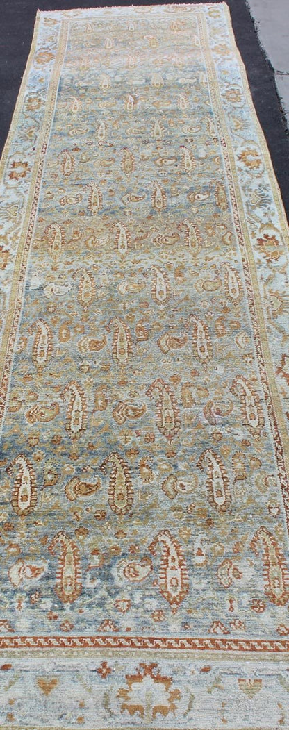 Long kurdish runner with small pattern in all - over design. Fine kurdish runner in soft tones of blue, salmon, pink, peach and orange and earthy tones. Antique kurdish rug with sub geometric and sub floral motifs. Keivan Woven Arts / rug 1912 - 37, Keivan... - Keivan Woven Arts1912 - 37 - 12251Rug