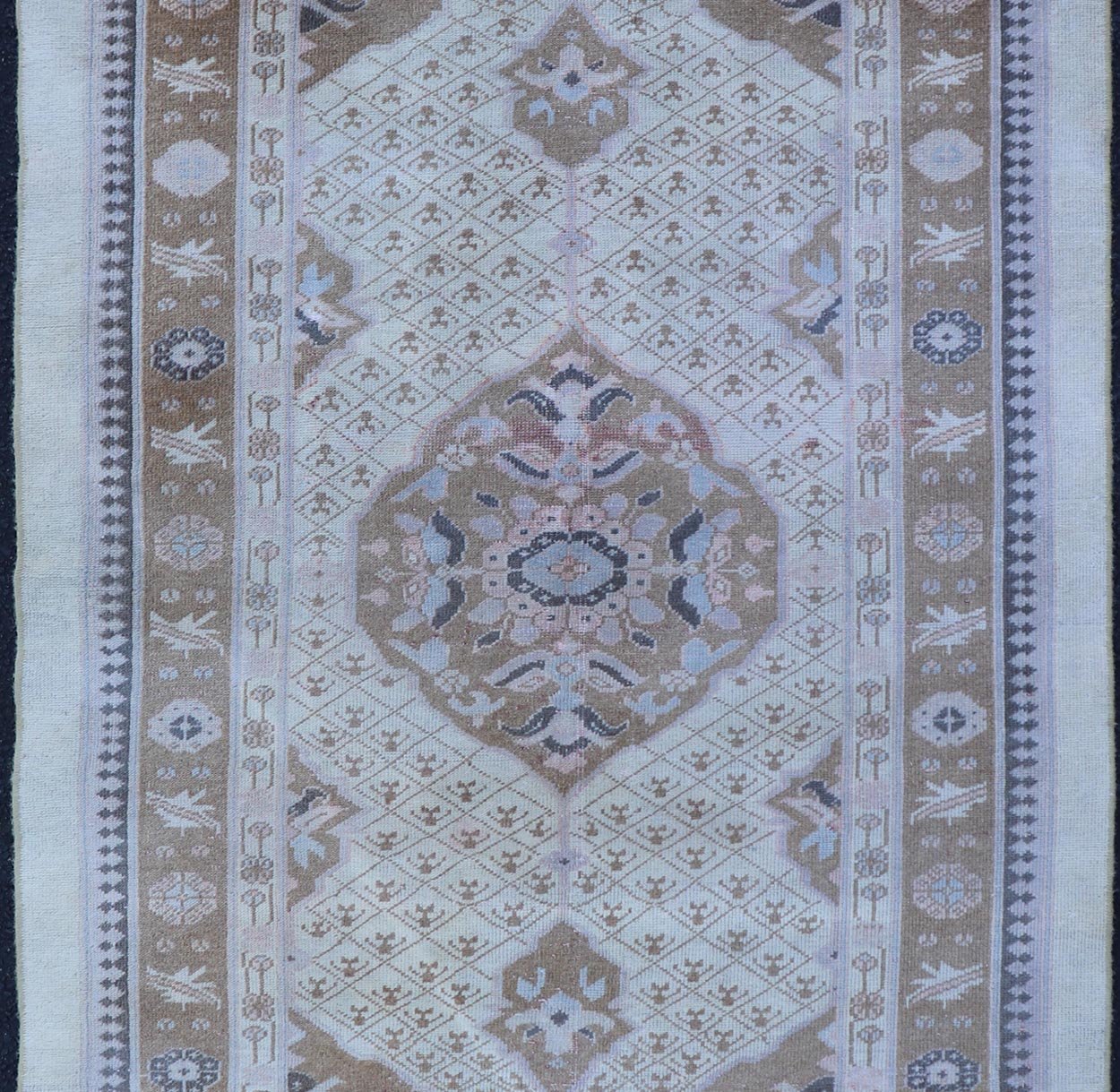 Antique Persian Serab Small Rug in Brown, Tan and Neutrals. Antique Persian Serab, Rug/21010. This beautiful Serab rug from the early 20th century rests on a cream background, which surrounds the medallion of alternating cream, pink, and brown ... - Keivan Woven Arts21010 - 189Rug
