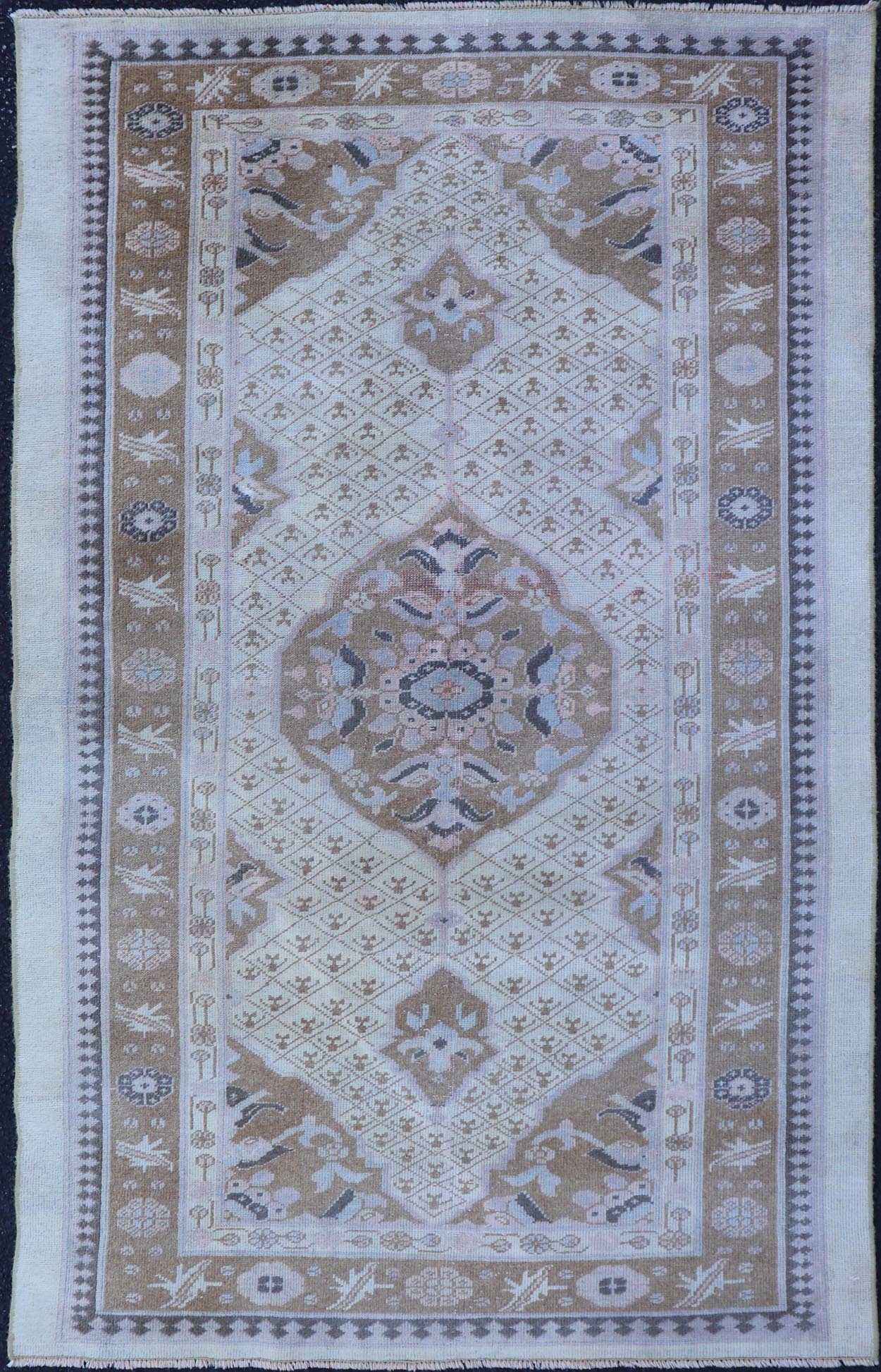 Antique Persian Serab Small Rug in Brown, Tan and Neutrals. Antique Persian Serab, Rug/21010. This beautiful Serab rug from the early 20th century rests on a cream background, which surrounds the medallion of alternating cream, pink, and brown ... - Keivan Woven Arts21010 - 189Rug