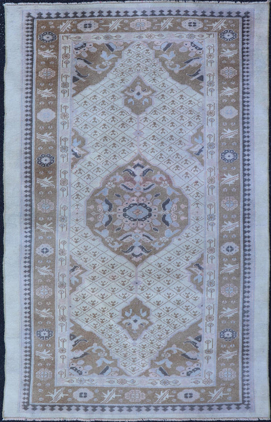 Antique Persian Serab Small Rug in Brown, Tan and Neutrals. Antique Persian Serab, Rug/21010. This beautiful Serab rug from the early 20th century rests on a cream background, which surrounds the medallion of alternating cream, pink, and brown ... - Keivan Woven Arts21010 - 189Rug