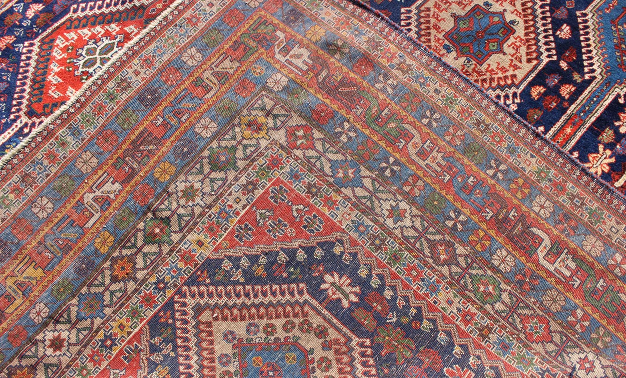 Antique Persian Large Qashqai Rug with Rich Jewel Tones and Diamond Design, kwarugs, Keivan Woven Arts Rug#16-0906, Unusually large in size for an Qashqai, Bold geometry, rich symbolism, and vivid coloration enhance the beauty of this stunning Persian ...