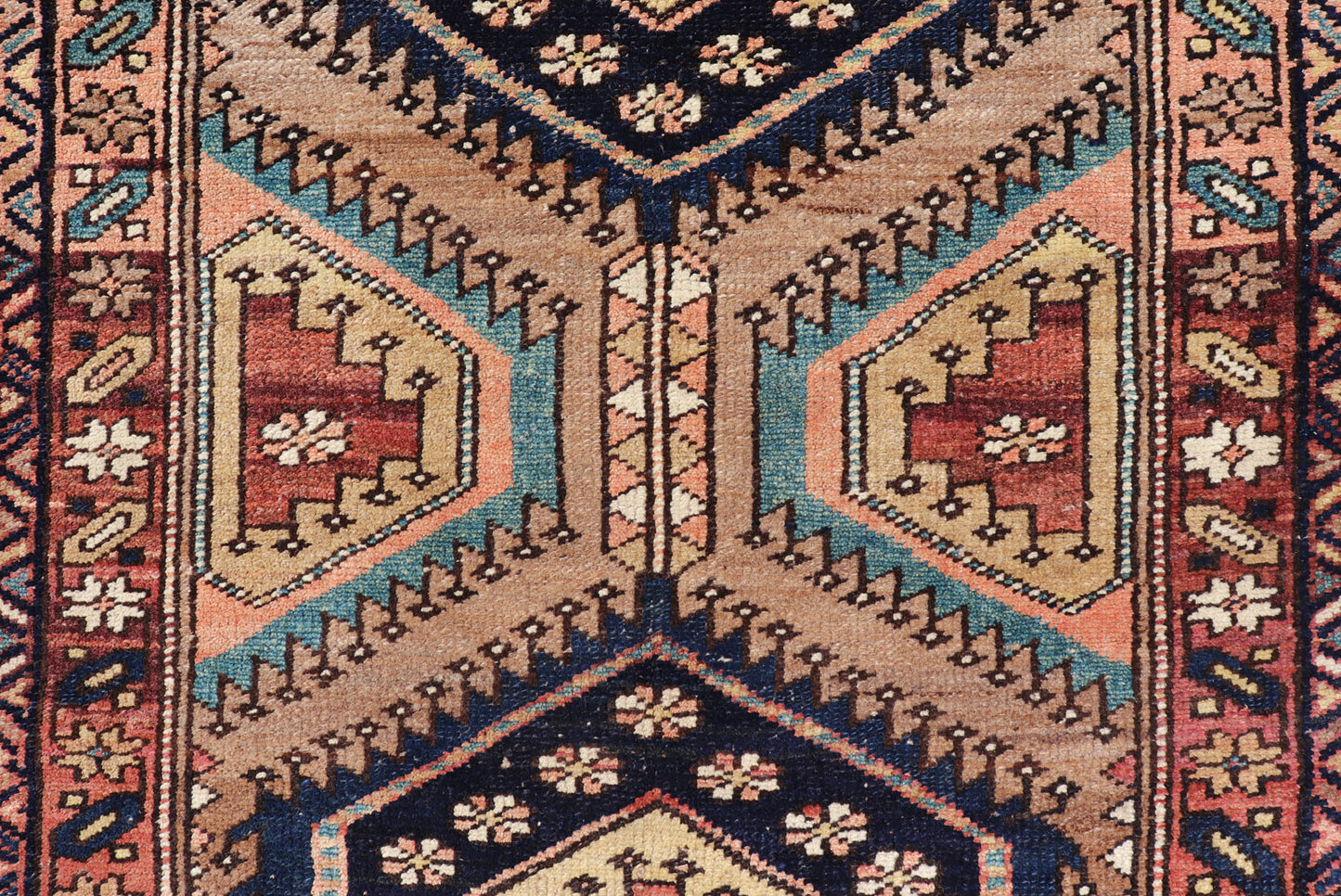 Antique Persian Kurdish Short Runner on Geometric Motifs in Light Camel Field.
 
 
 
  Medallion design on camel field, with dark blue medallions, green, red, blue , rug EMB-8546-178695, country of origin / type: Iran / Hamedan, circa 1910
 
 
 
 This ...