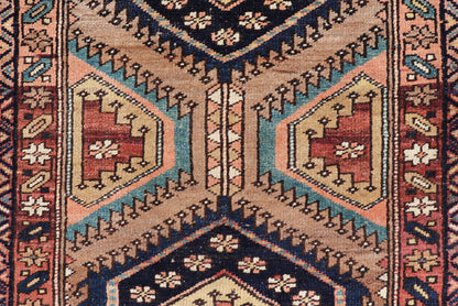 Antique Persian Kurdish Short Runner on Geometric Motifs in Light Camel Field.
 
 
 
  Medallion design on camel field, with dark blue medallions, green, red, blue , rug EMB-8546-178695, country of origin / type: Iran / Hamedan, circa 1910
 
 
 
 This ...
