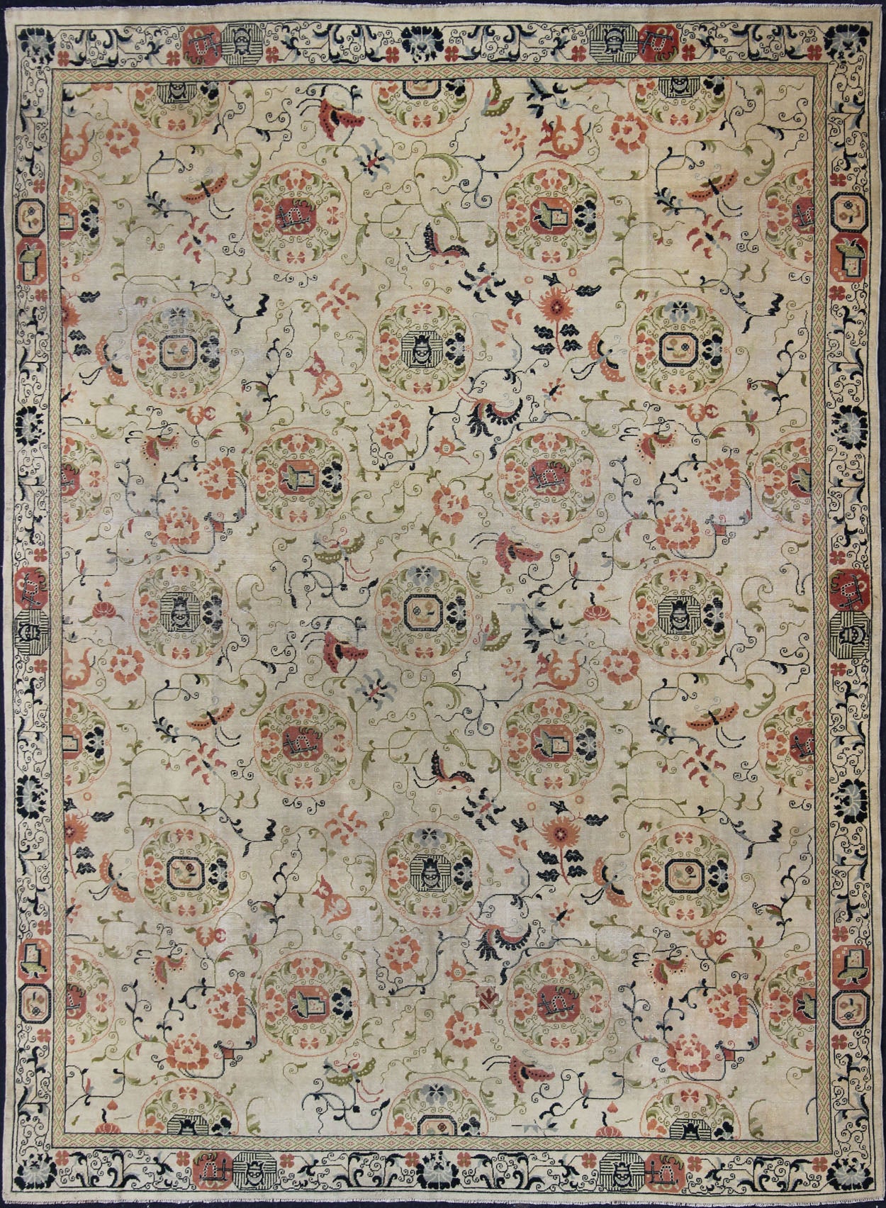 Antique Khotan Rug with Ivory Field in navy blue, coral, ivory, green, and gray.
 
 
 
 Antique Khotan rug with creamy ivory field and floral design, Keivan Woven Arts / rug 18-0502, country of origin / type: Turkestan / Khotan, 1930
 
 
 
 This attrac...