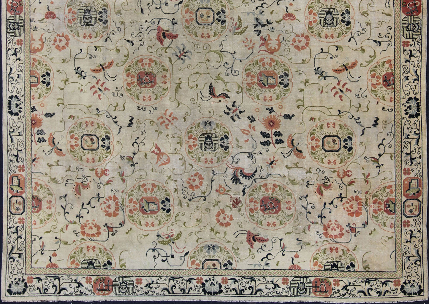 Antique Khotan Rug with Ivory Field in navy blue, coral, ivory, green, and gray.
 
 
 
 Antique Khotan rug with creamy ivory field and floral design, Keivan Woven Arts / rug 18-0502, country of origin / type: Turkestan / Khotan, 1930
 
 
 
 This attrac...