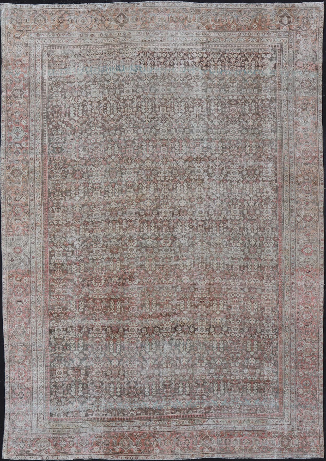 Antique Persian Distressed Sultanabad with All-Over Herati Design in Earthy Tones. rug V21-0105; country of origin / type: Persian / Sultanabad, circa 1920. Antique distressed Sultanabad. 
 
 
 
 Measures: 11'10 x 16'6 
 
 This impressive antique distr...