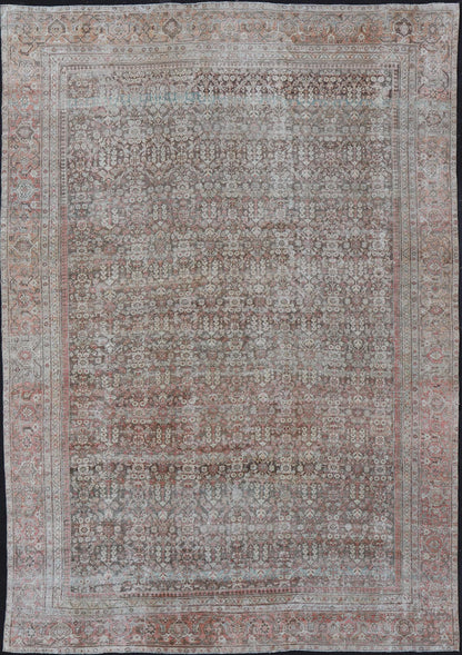 Antique Persian Distressed Sultanabad with All-Over Herati Design in Earthy Tones. rug V21-0105; country of origin / type: Persian / Sultanabad, circa 1920. Antique distressed Sultanabad. 
 
 
 
 Measures: 11'10 x 16'6 
 
 This impressive antique distr...