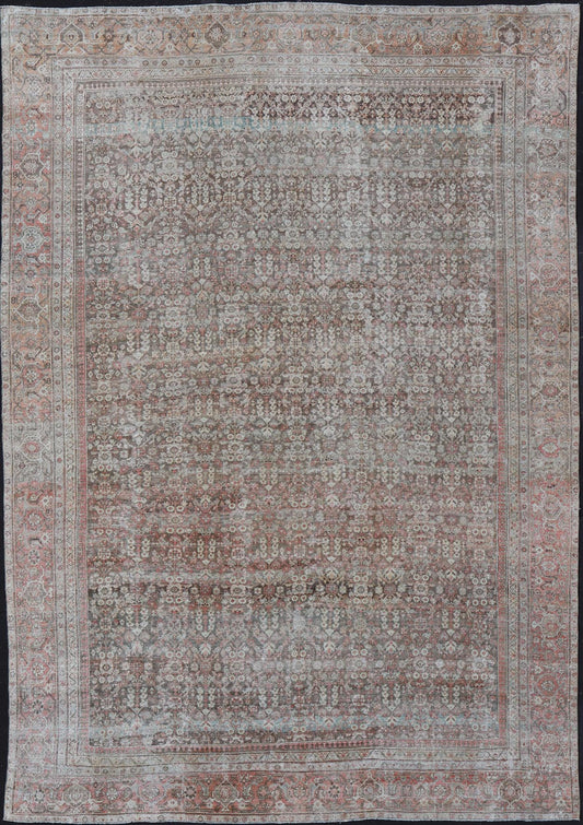 Antique Persian Distressed Sultanabad with All-Over Herati Design in Earthy Tones. rug V21-0105; country of origin / type: Persian / Sultanabad, circa 1920. Antique distressed Sultanabad. 
 
 
 
 Measures: 11'10 x 16'6 
 
 This impressive antique distr...