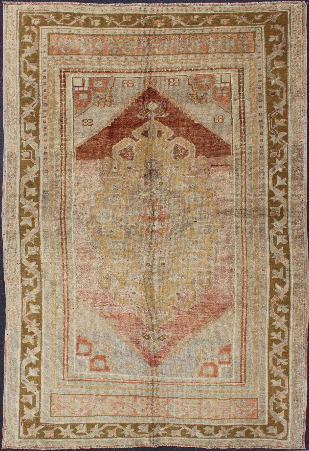Vintage Turkish Oushak with Large Central Medallion in Cream, Yellow, Brown and Red. Keivan Woven Arts/ rug/TU-UGU-136095, origin/turkey 
 
 
 
 Measures: 3'7 x 5'8. 
 
 
 
 This vintage Oushak rug features an intricately beautiful design. The central ...