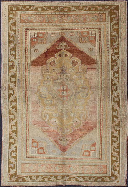 Vintage Turkish Oushak with Large Central Medallion in Cream, Yellow, Brown and Red. Keivan Woven Arts/ rug/TU-UGU-136095, origin/turkey 
 
 
 
 Measures: 3'7 x 5'8. 
 
 
 
 This vintage Oushak rug features an intricately beautiful design. The central ...