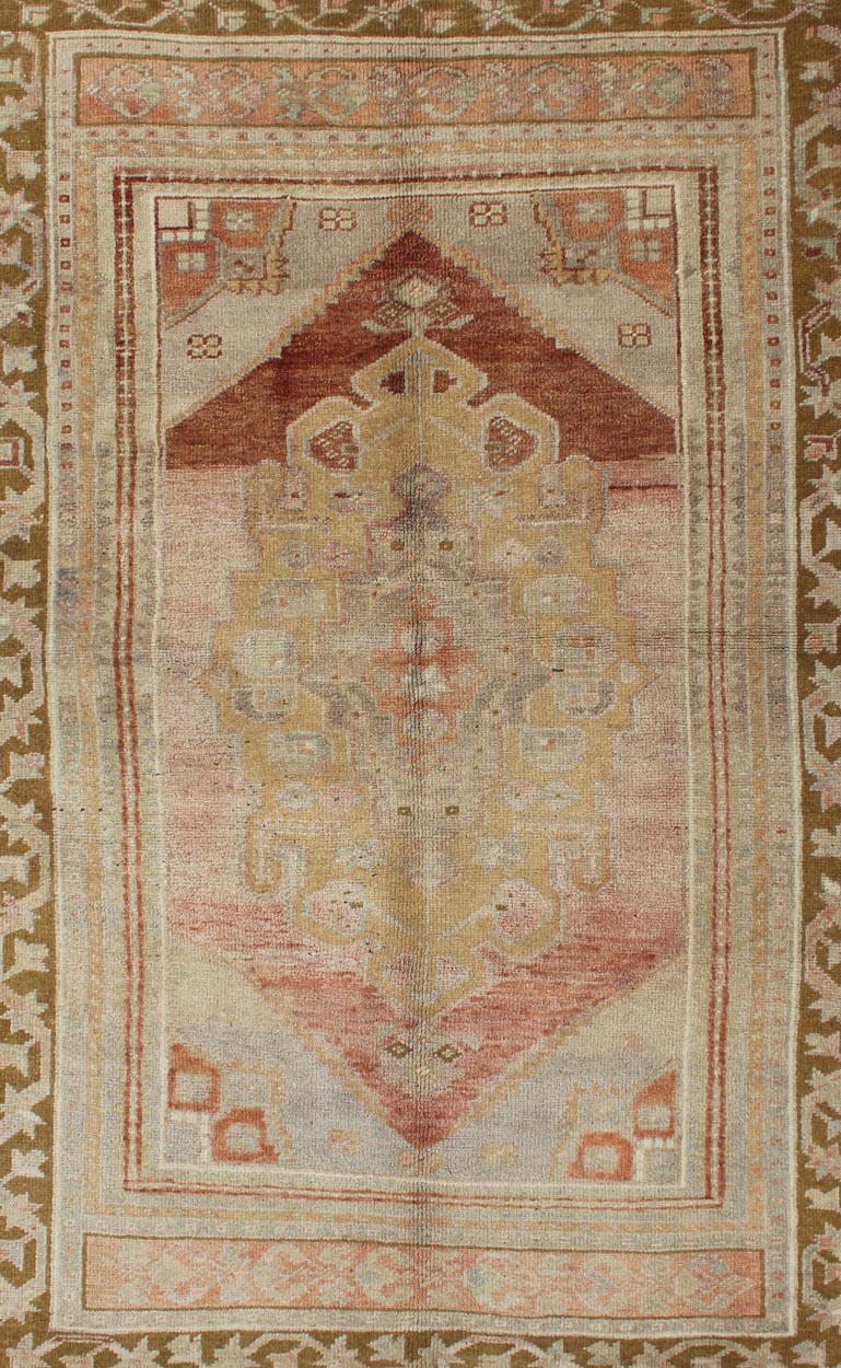 Vintage Turkish Oushak with Large Central Medallion in Cream, Yellow, Brown and Red. Keivan Woven Arts/ rug/TU-UGU-136095, origin/turkey 
 
 
 
 Measures: 3'7 x 5'8. 
 
 
 
 This vintage Oushak rug features an intricately beautiful design. The central ...