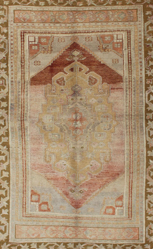 Vintage Turkish Oushak with Large Central Medallion in Cream, Yellow, Brown and Red. Keivan Woven Arts/ rug/TU-UGU-136095, origin/turkey 
 
 
 
 Measures: 3'7 x 5'8. 
 
 
 
 This vintage Oushak rug features an intricately beautiful design. The central ...
