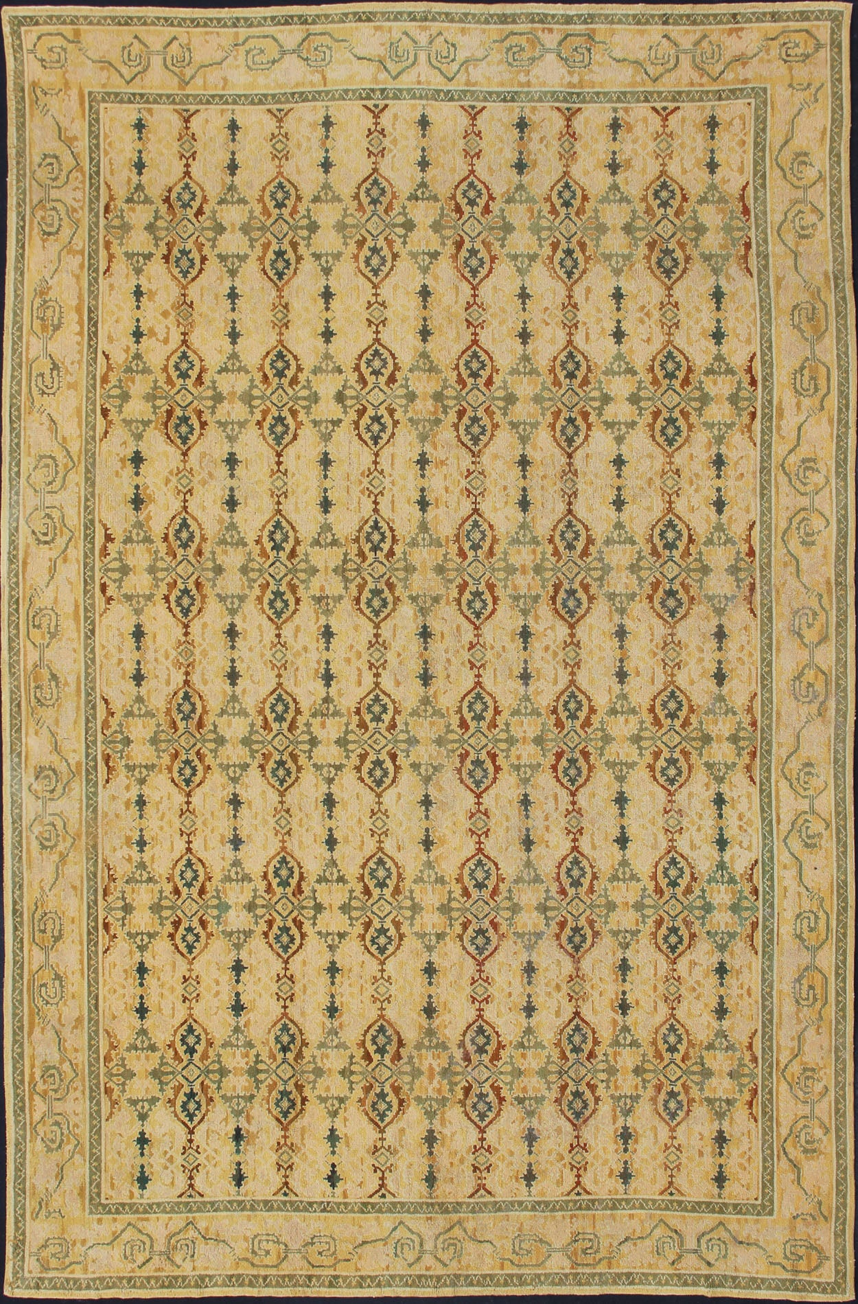 Grandiose Spanish Rug in Gold, Yellow, Green and Raffia Colors, kwarugs, H8-0602. Vintage Spanish Large Rug
 
 
 
 This golden masterpiece was expertly handcrafted in Spain during the early part of the 20th Century. The field's multi-faceted colors pla...