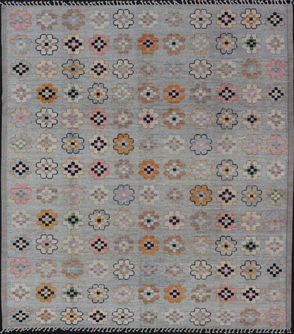 Modern Hand-Knotted Rug in Wool with Modern All-Over Flower Design On A Light Gray Field. Keivan Woven Arts; rug AWR-4995, country of origin / type: Afghanistan / Modern Casual, circa Early-21th Century.
 
 
 
 Measures: 9'9 x 11'6
 
 
 
 This modern c...