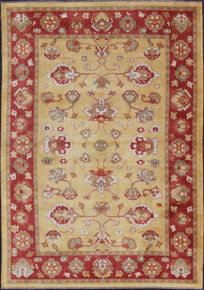 Turkish Oushak Rug with Red and Gold Color Palette and All-Over Flower Design. Turkish Oushak Rug, Keivan Woven Arts / rug EN-340, country of origin / type: Turkey / Oushak.
 
 
 
 Measures: 10'10 x 15'.
 
 
 
 This traditional Oushak rug from Turkey f...