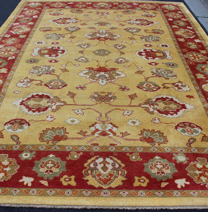 Turkish Oushak Rug with Red and Gold Color Palette and All-Over Flower Design. Turkish Oushak Rug, Keivan Woven Arts / rug EN-340, country of origin / type: Turkey / Oushak.
 
 
 
 Measures: 10'10 x 15'.
 
 
 
 This traditional Oushak rug from Turkey f...